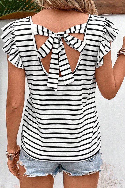 Stripe Butterfly Sleeve V Neck Knot Back T Shirt - KOKOTETE
