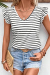Stripe Butterfly Sleeve V Neck Knot Back T Shirt - KOKOTETE