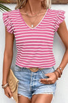 Stripe Butterfly Sleeve V Neck Knot Back T Shirt - KOKOTETE