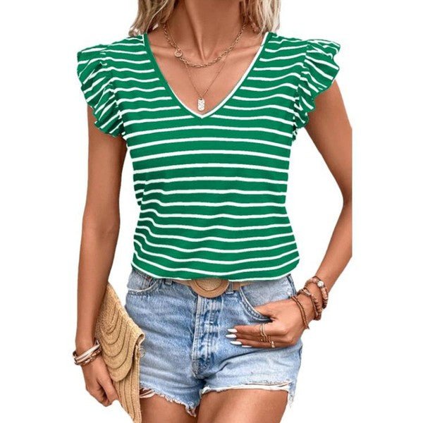 Stripe Butterfly Sleeve V Neck Knot Back T Shirt - KOKOTETE