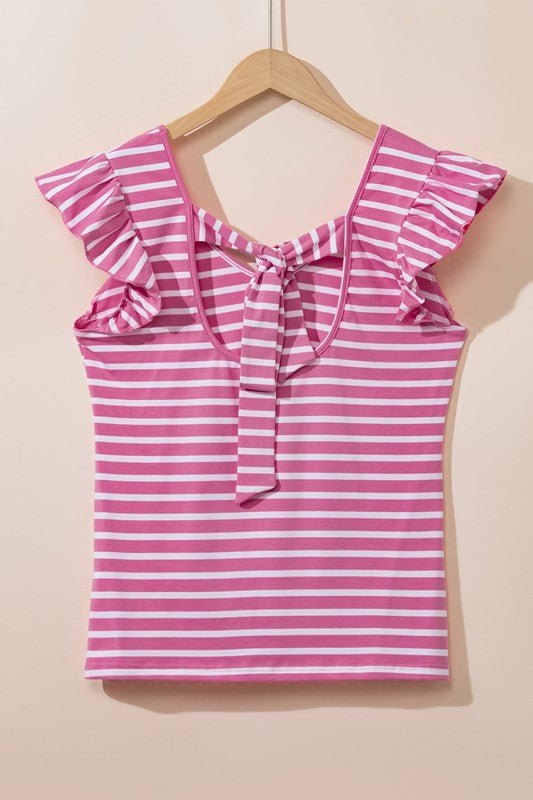 Stripe Butterfly Sleeve V Neck Knot Back T Shirt - KOKOTETE