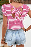 Stripe Butterfly Sleeve V Neck Knot Back T Shirt - KOKOTETE