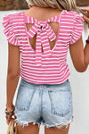 Stripe Butterfly Sleeve V Neck Knot Back T Shirt - KOKOTETE