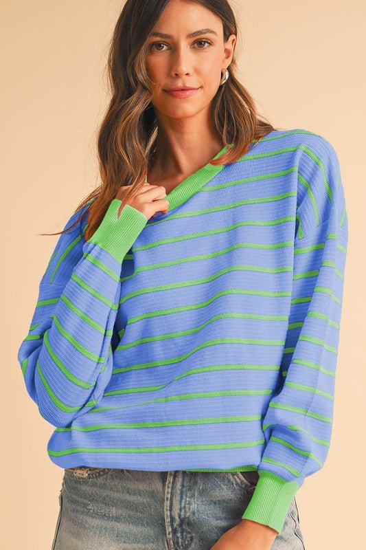Stripe Round Neck Drop Shoulder Loose Sweater - KOKOTETE