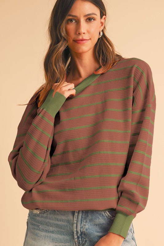 Stripe Round Neck Drop Shoulder Loose Sweater - KOKOTETE