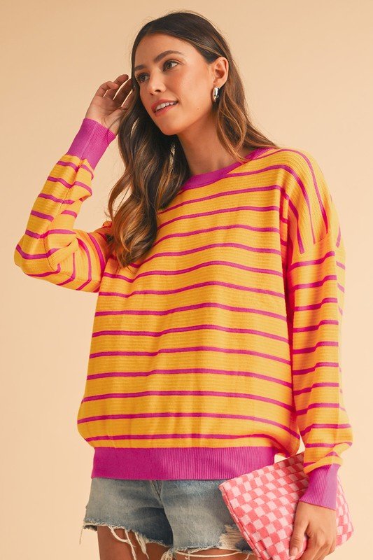 Stripe Round Neck Drop Shoulder Loose Sweater - KOKOTETE