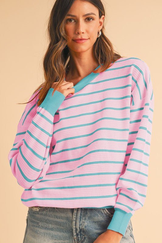 Stripe Round Neck Drop Shoulder Loose Sweater - KOKOTETE