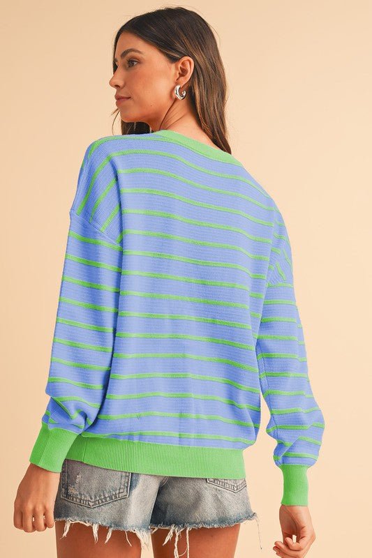 Stripe Round Neck Drop Shoulder Loose Sweater - KOKOTETE