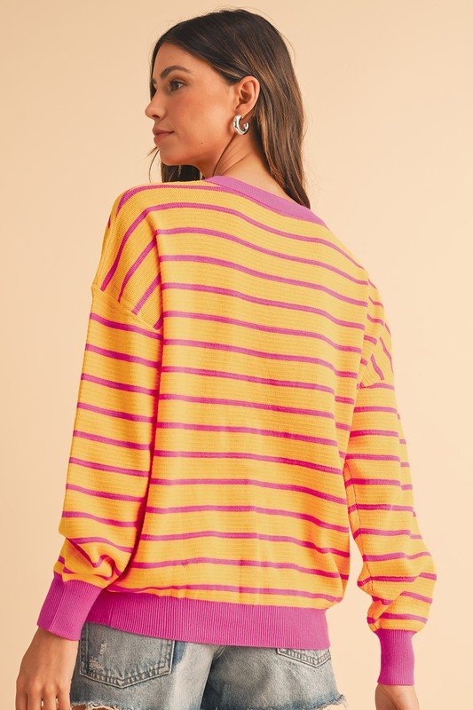 Stripe Round Neck Drop Shoulder Loose Sweater - KOKOTETE