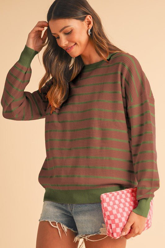 Stripe Round Neck Drop Shoulder Loose Sweater - KOKOTETE