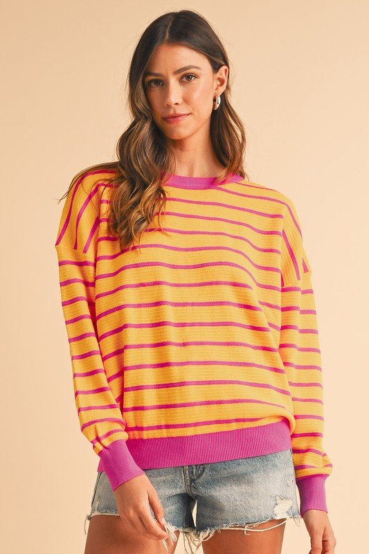 Stripe Round Neck Drop Shoulder Loose Sweater - KOKOTETE