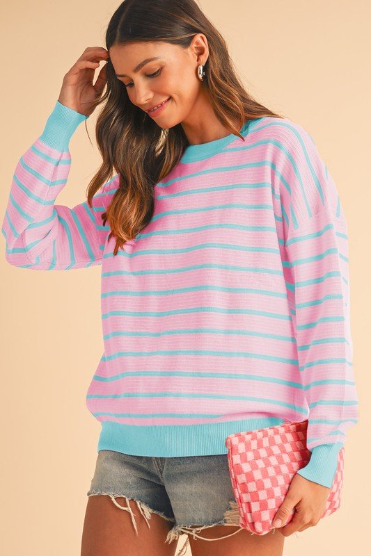 Stripe Round Neck Drop Shoulder Loose Sweater - KOKOTETE