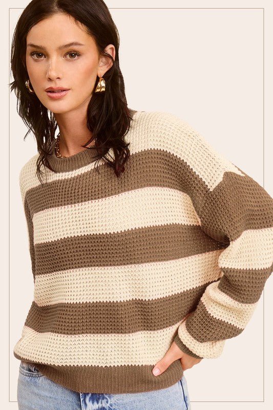 Striped Round Neck Loose Fit Sweater - KOKOTETE
