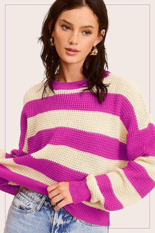 Striped Round Neck Loose Fit Sweater - KOKOTETE