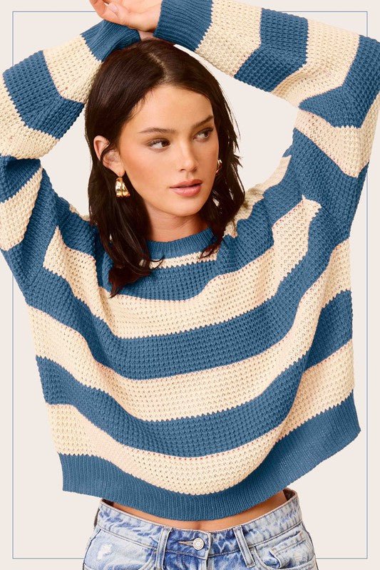 Striped Round Neck Loose Fit Sweater - KOKOTETE