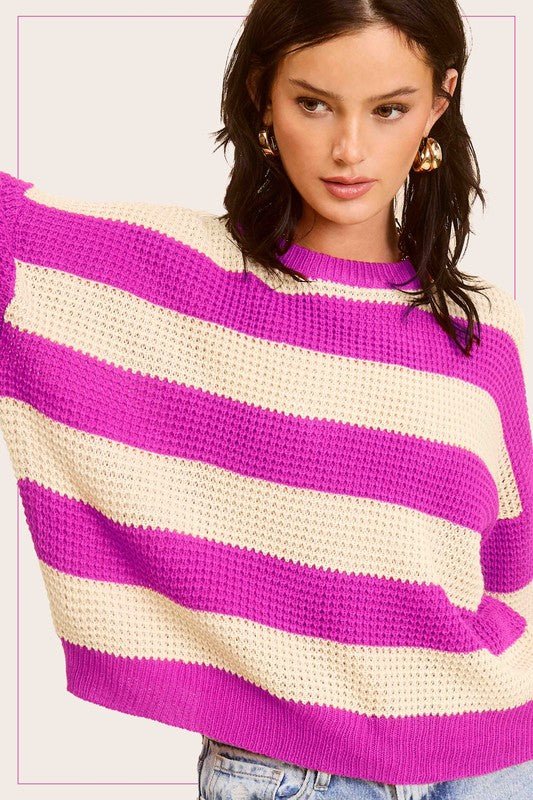 Striped Round Neck Loose Fit Sweater - KOKOTETE