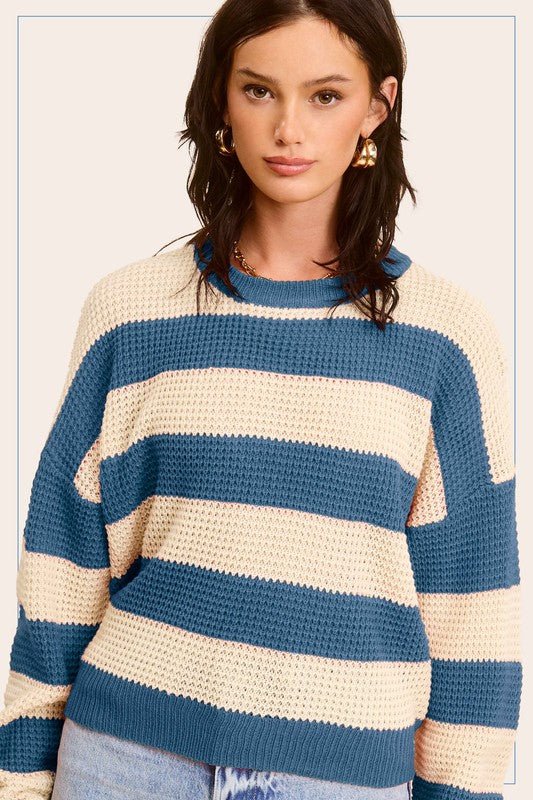Striped Round Neck Loose Fit Sweater - KOKOTETE