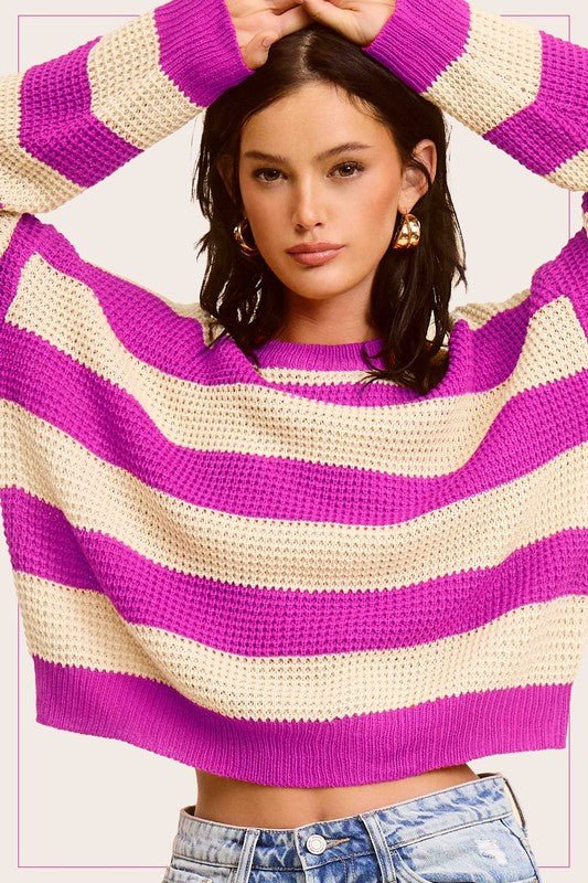 Striped Round Neck Loose Fit Sweater - KOKOTETE