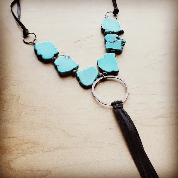 Turquoise Slab Necklace w Genuine Leather Tassel - KOKOTETE
