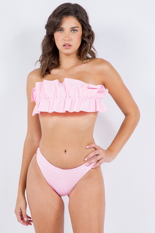 TWO PIECE TUBE TOP WITH RUCHED RUFFLE BIKINI - KOKOTETE