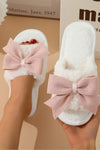 White Bow Knot Decor Open Toe Plush Slippers - KOKOTETE