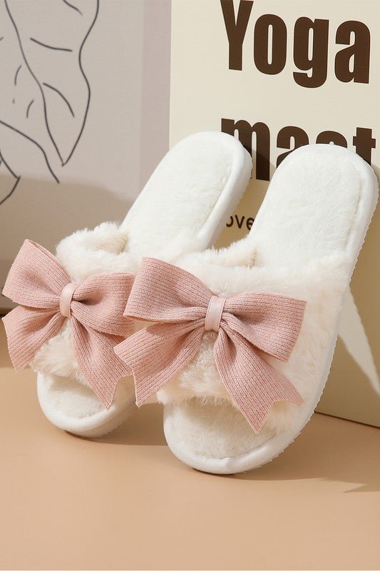 White Bow Knot Decor Open Toe Plush Slippers - KOKOTETE