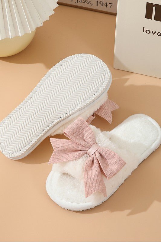 White Bow Knot Decor Open Toe Plush Slippers - KOKOTETE