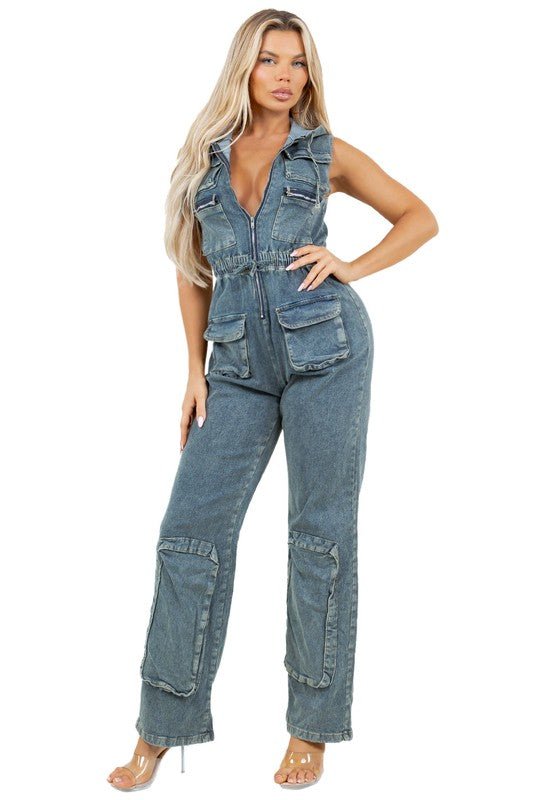 WOMEN FASHION DENIM CARGO STYLE JUMPSUIT - KOKOTETE