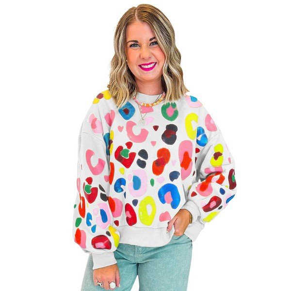Women Leopard Drop Shoulder Pullover Sweatshirt - KOKOTETE