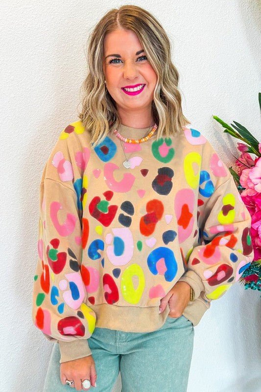 Women Leopard Drop Shoulder Pullover Sweatshirt - KOKOTETE