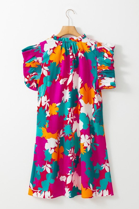 Women Tie Split Neck Flutter Sleeve Mini Dress - KOKOTETE