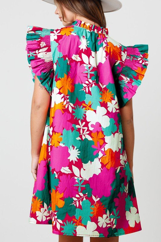Women Tie Split Neck Flutter Sleeve Mini Dress - KOKOTETE