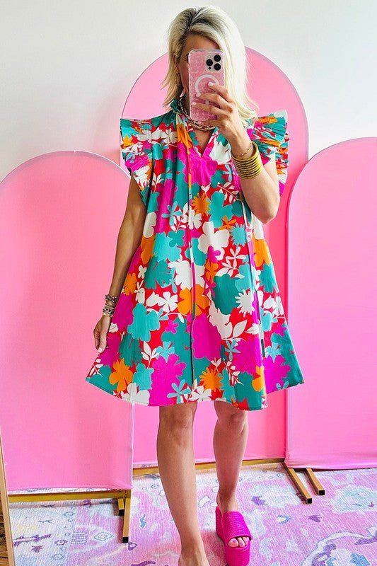 Women Tie Split Neck Flutter Sleeve Mini Dress - KOKOTETE