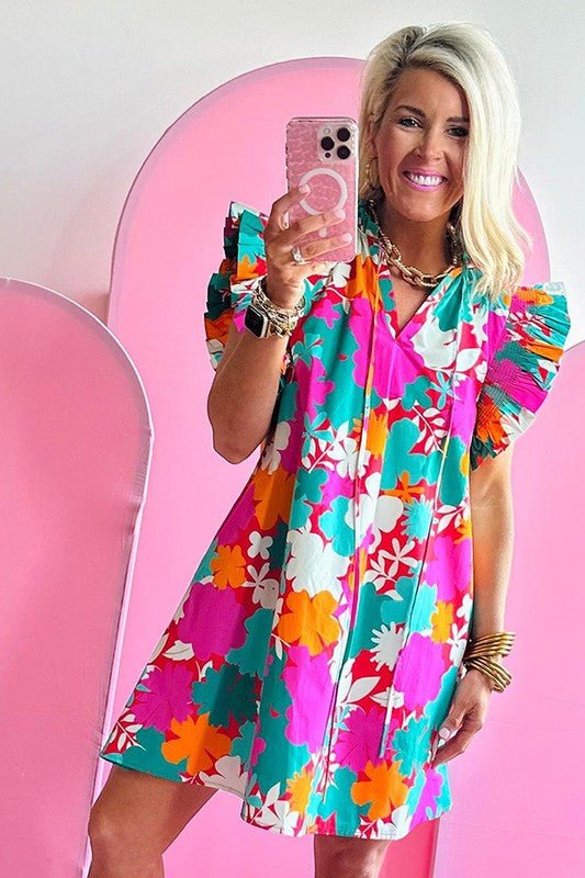 Women Tie Split Neck Flutter Sleeve Mini Dress - KOKOTETE