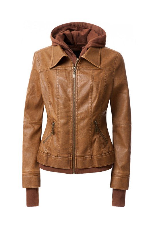 Women's Hood PU Leather Jacket - KOKOTETE
