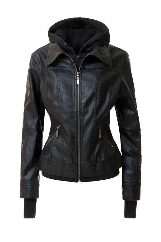 Women's Hood PU Leather Jacket - KOKOTETE
