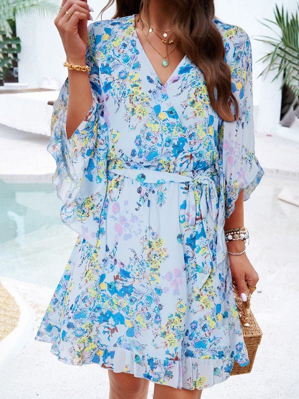 Womens V Neck Ruffle Mini Short Swing Dresses - KOKOTETE