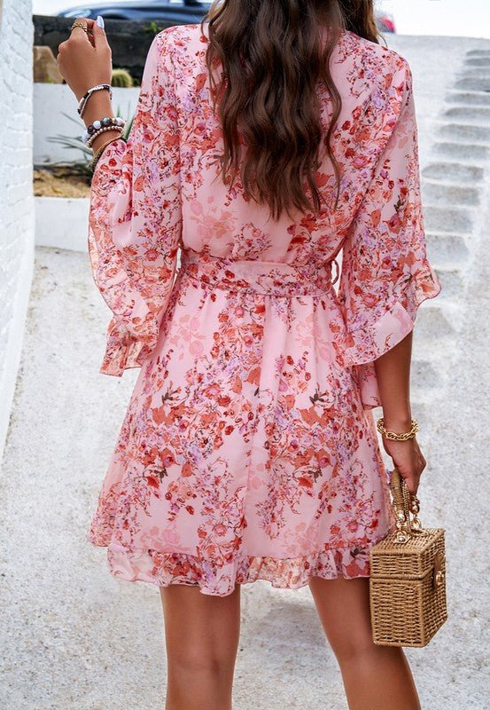 Womens V Neck Ruffle Mini Short Swing Dresses - KOKOTETE