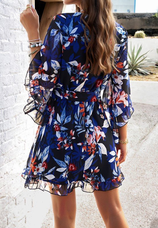 Womens V Neck Ruffle Mini Short Swing Dresses - KOKOTETE