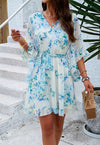 Womens V Neck Ruffle Mini Short Swing Dresses - KOKOTETE