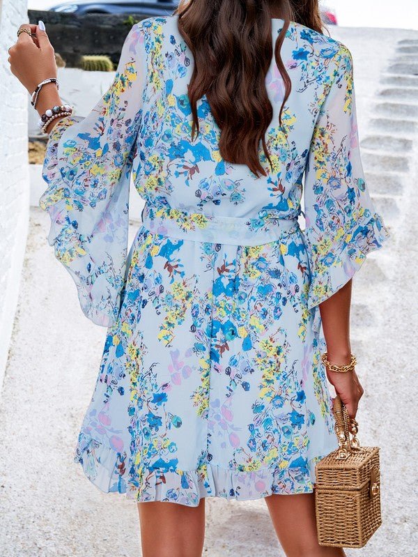 Womens V Neck Ruffle Mini Short Swing Dresses - KOKOTETE
