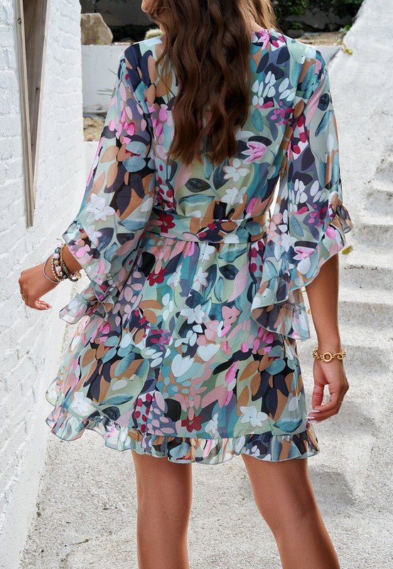 Womens V Neck Ruffle Mini Short Swing Dresses - KOKOTETE