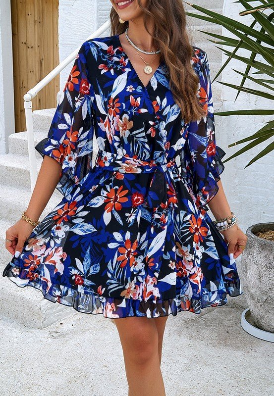 Womens V Neck Ruffle Mini Short Swing Dresses - KOKOTETE