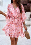 Womens V Neck Ruffle Mini Short Swing Dresses - KOKOTETE