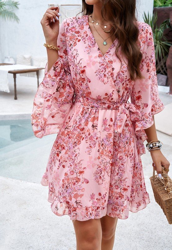 Womens V Neck Ruffle Mini Short Swing Dresses - KOKOTETE