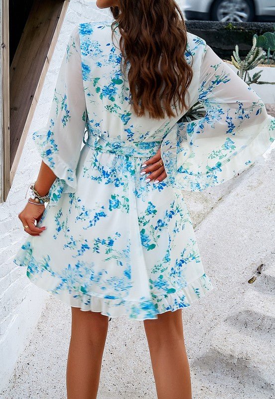 Womens V Neck Ruffle Mini Short Swing Dresses - KOKOTETE