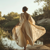 A woman gracefully walking by a river, wearing a flowing organic cotton dress in soft, neutral tones, embodying sustainable and nature-inspired fashion.