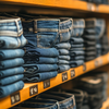 A neatly stacked display of denim jeans on wooden shelves in a clothing store, showcasing a variety of styles and washes for the best women's jeans collection.