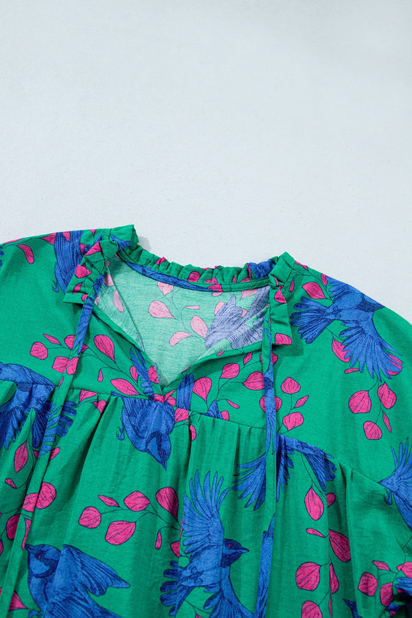 Abstract Floral Bird V-Neck Flounced Puff Sleeve Blouse