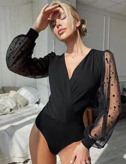 Crotch Polka dot mesh Long Sleeve V Neck Bodysuit